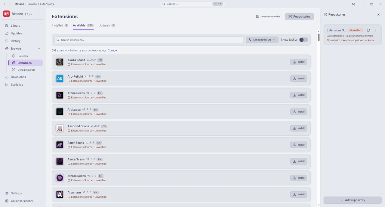 The Available tab lists what the repositories offer