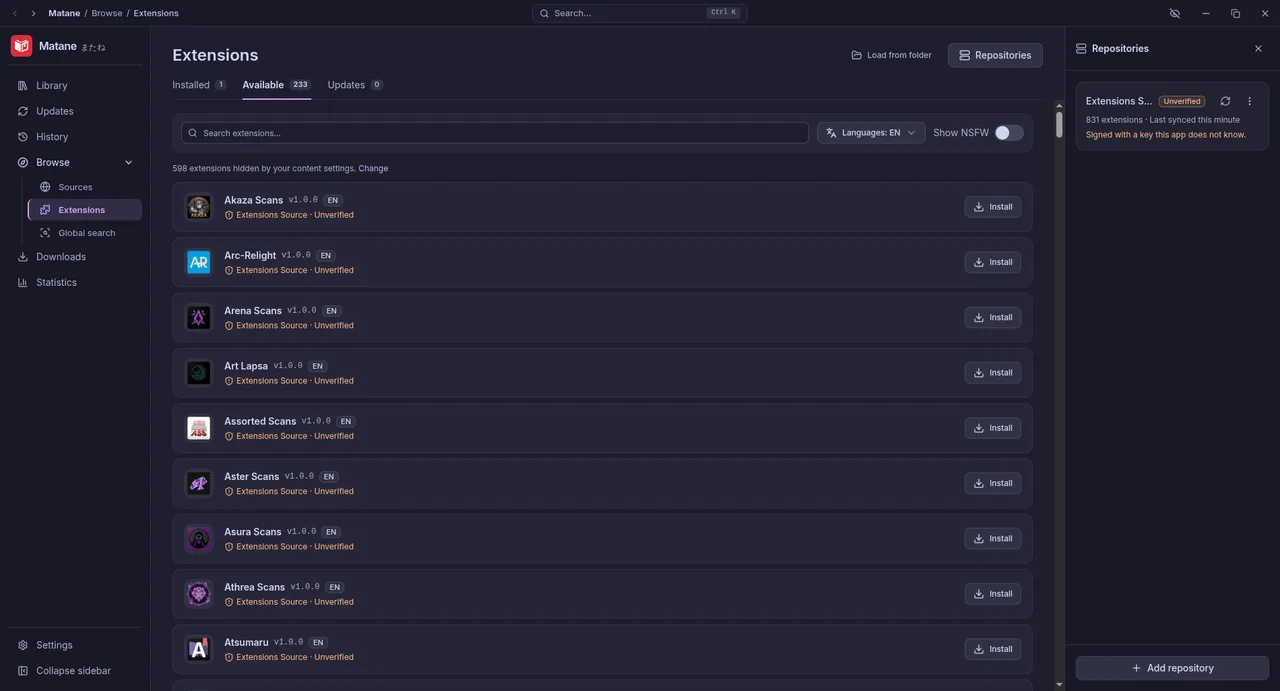 The Available tab lists what the repositories offer