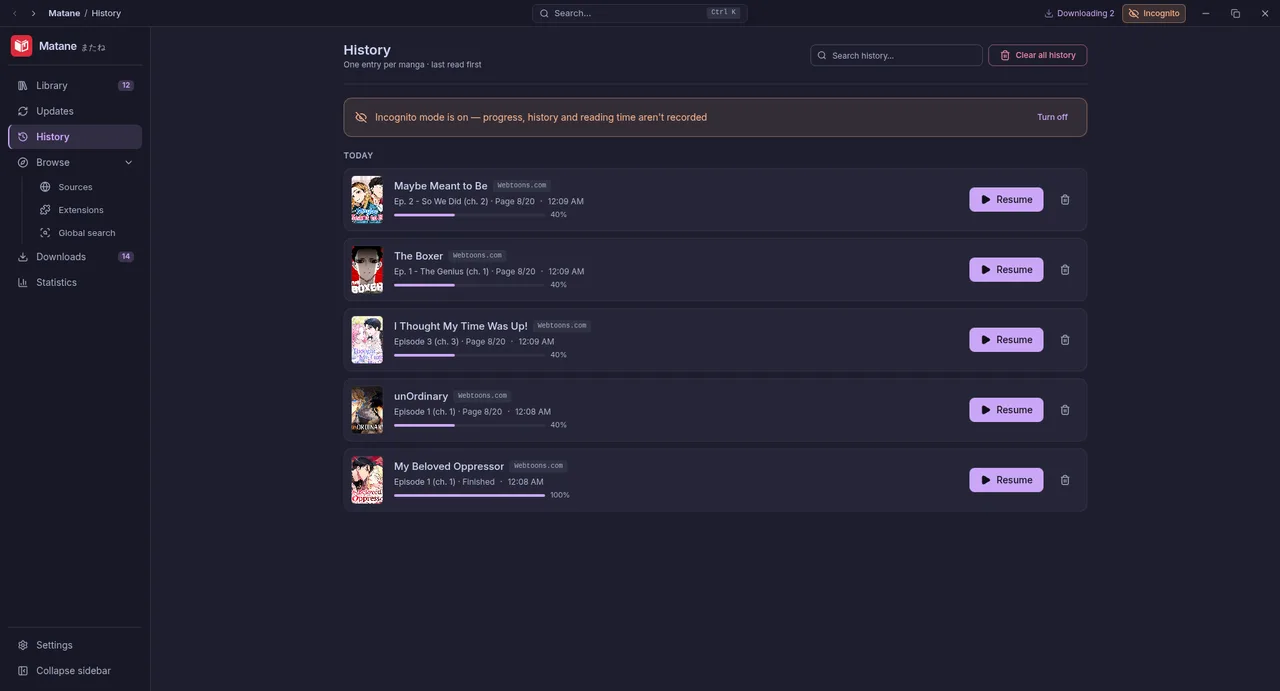 The History page with incognito on