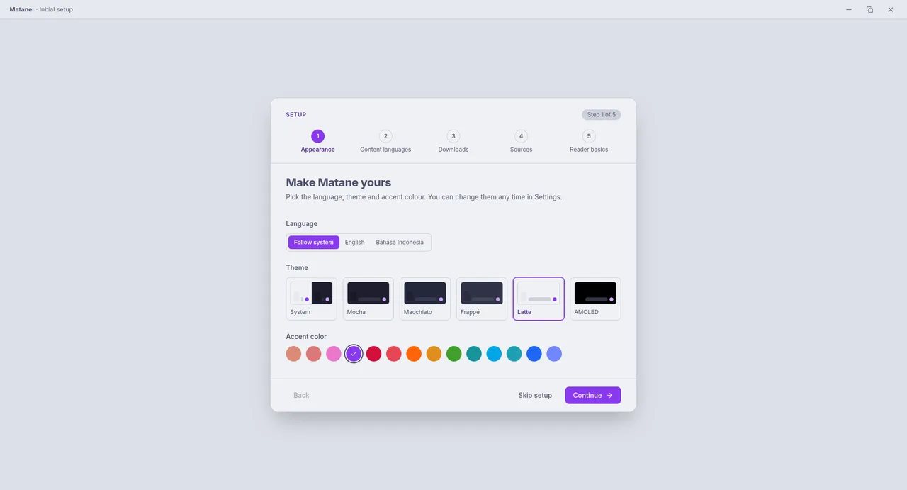 The first screen of the setup: language, theme and accent colour
