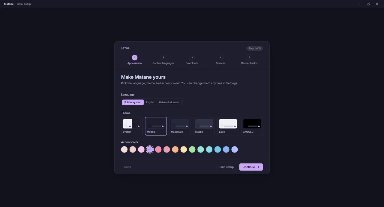The first screen of the setup: language, theme and accent colour