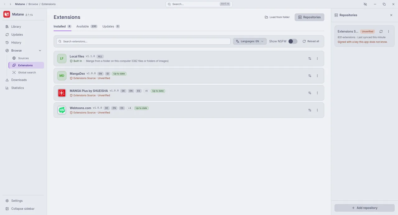The repositories panel next to the installed extensions