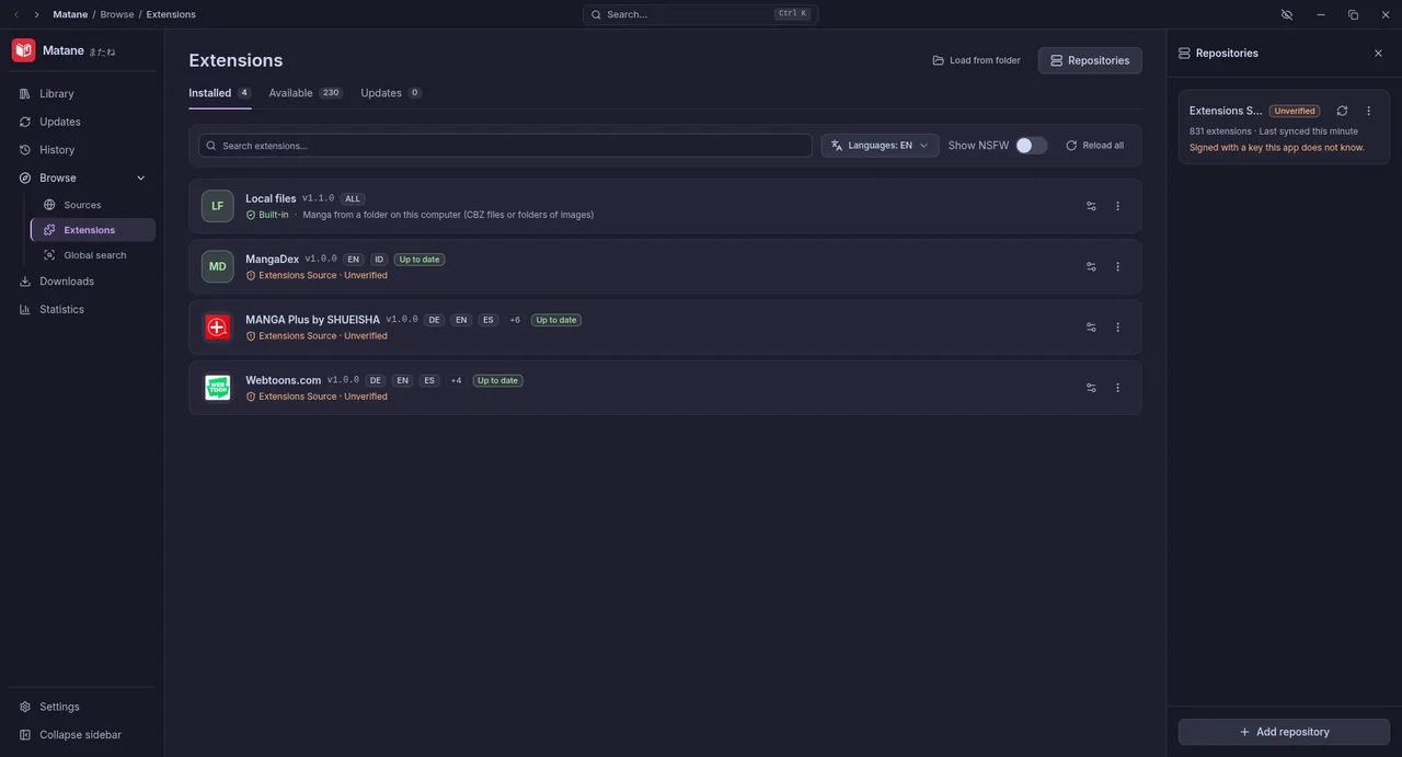 The repositories panel next to the installed extensions