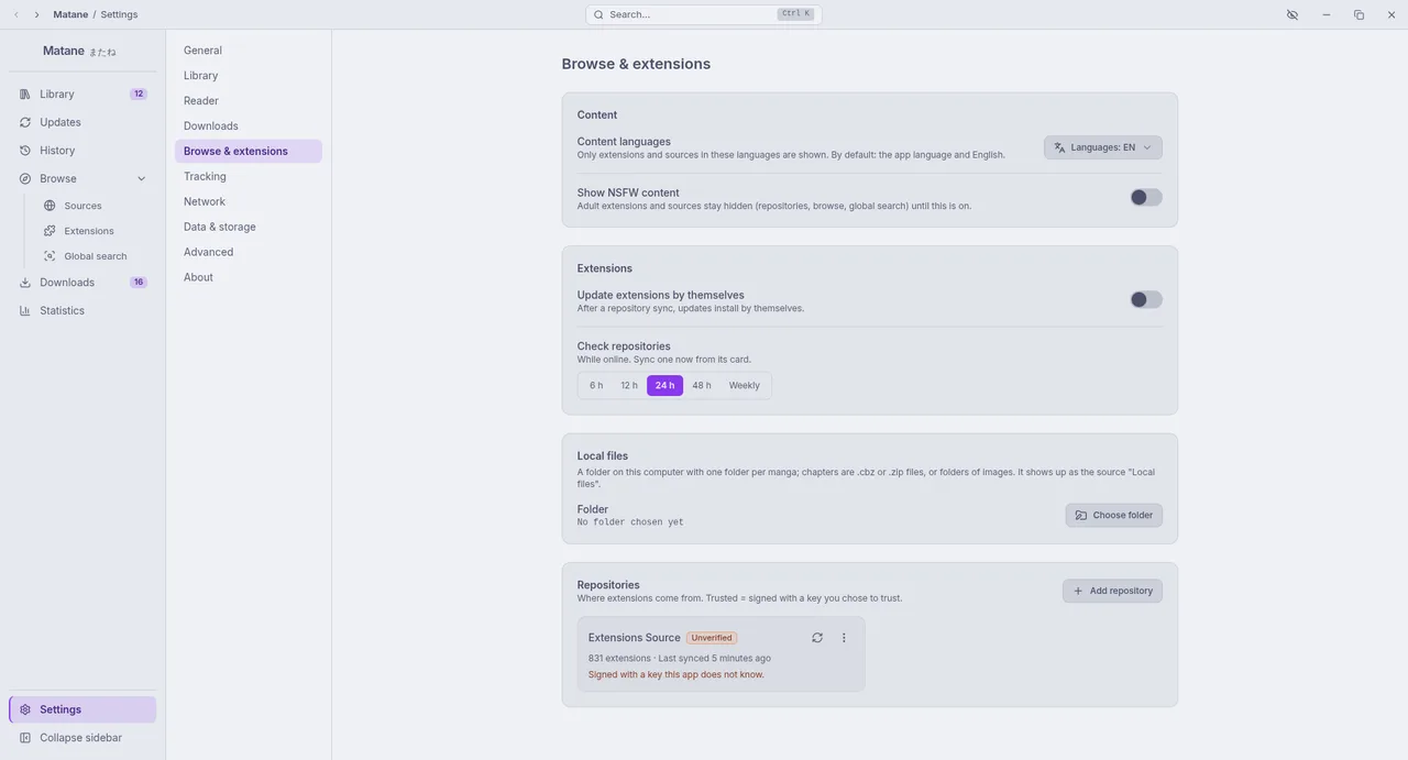 Settings, Browse & extensions