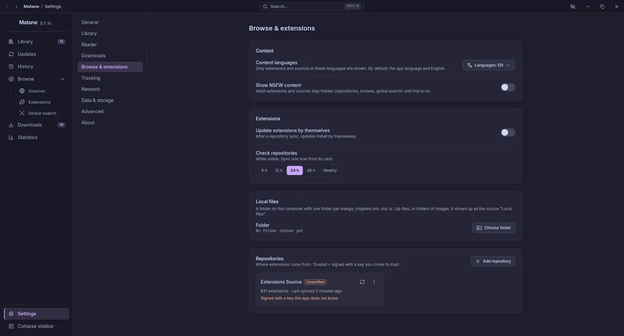 Settings, Browse & extensions