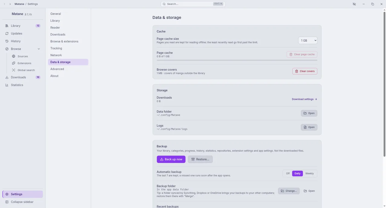 Settings, Data & storage