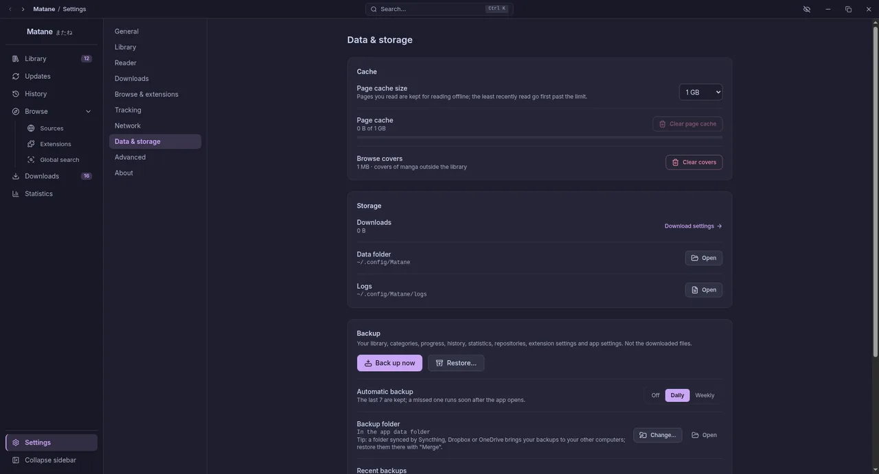 Settings, Data & storage