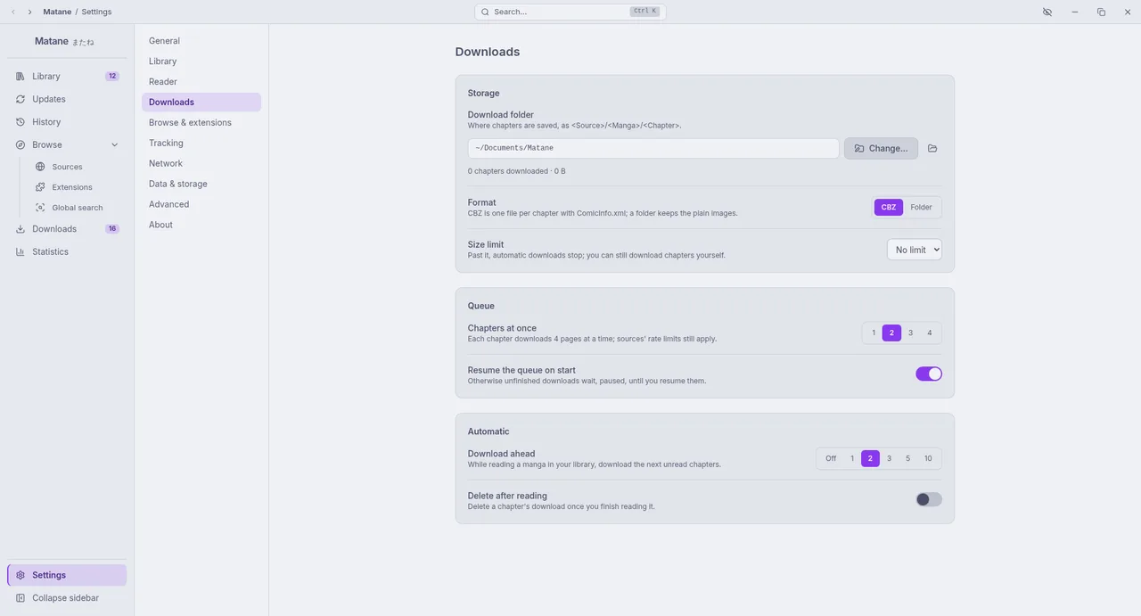 Settings, Downloads