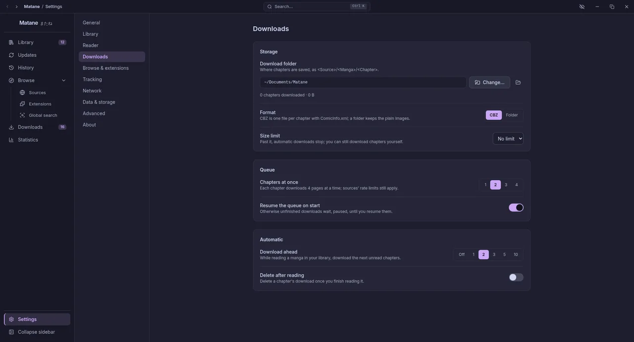 Settings, Downloads