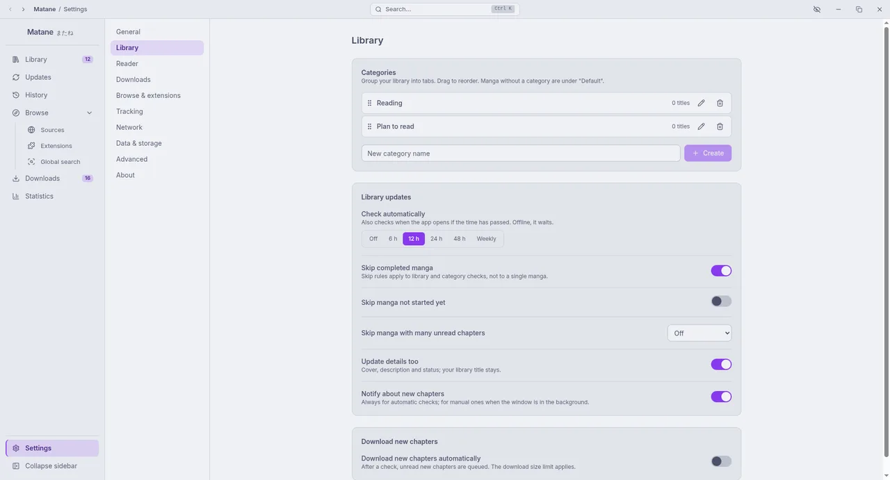 Settings, Library