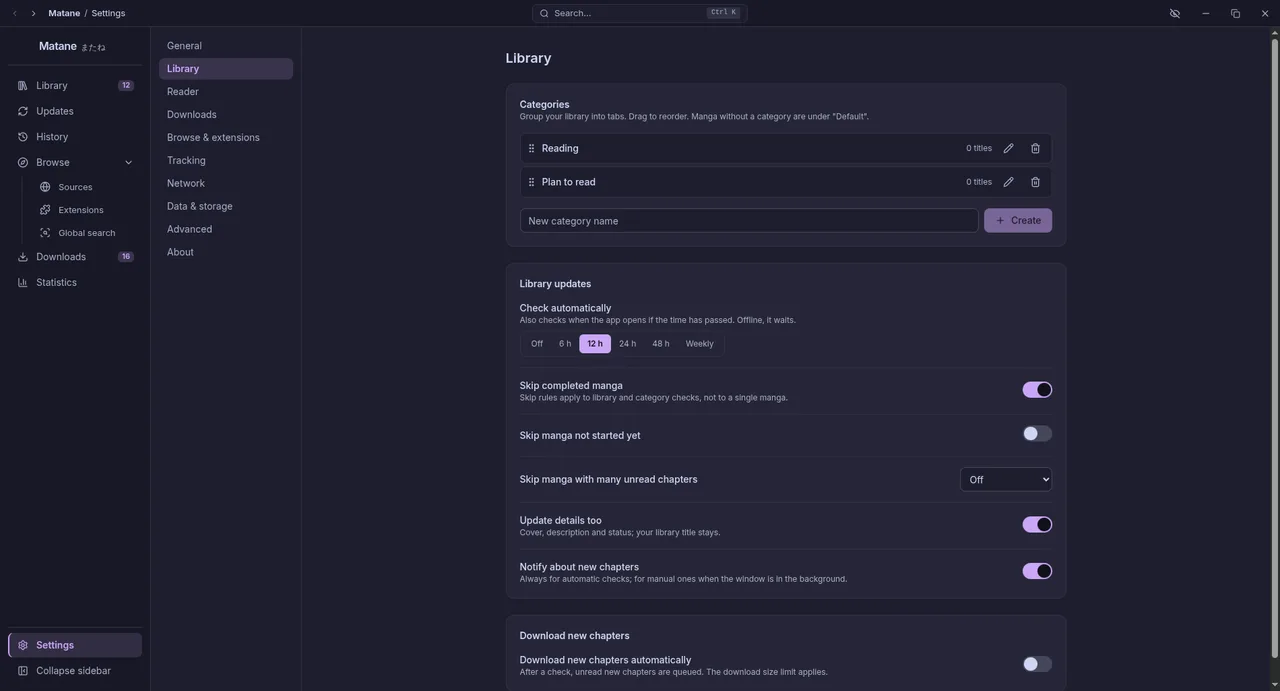 Settings, Library