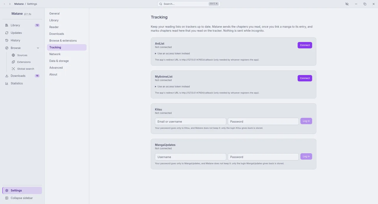 Settings, Tracking