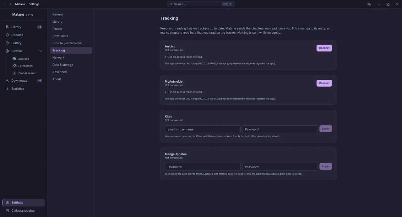 Settings, Tracking